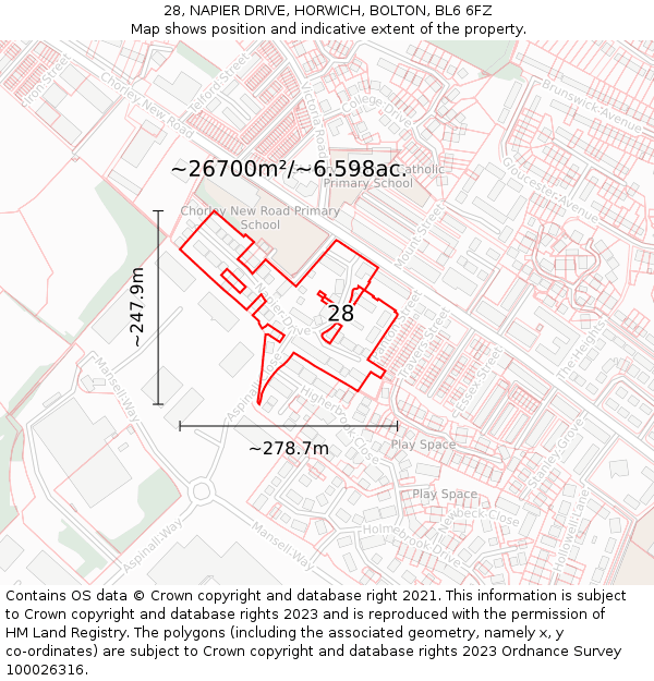 28, NAPIER DRIVE, HORWICH, BOLTON, BL6 6FZ: Plot and title map