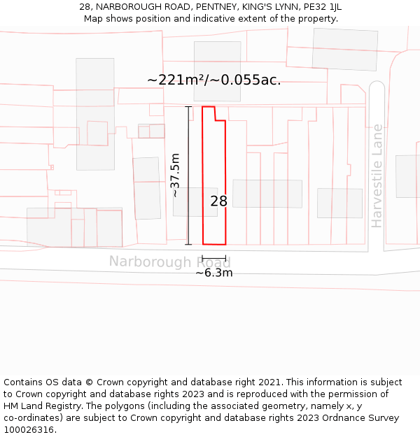 28, NARBOROUGH ROAD, PENTNEY, KING'S LYNN, PE32 1JL: Plot and title map