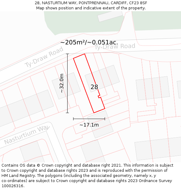 28, NASTURTIUM WAY, PONTPRENNAU, CARDIFF, CF23 8SF: Plot and title map