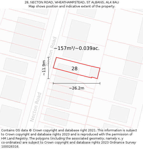 28, NECTON ROAD, WHEATHAMPSTEAD, ST ALBANS, AL4 8AU: Plot and title map