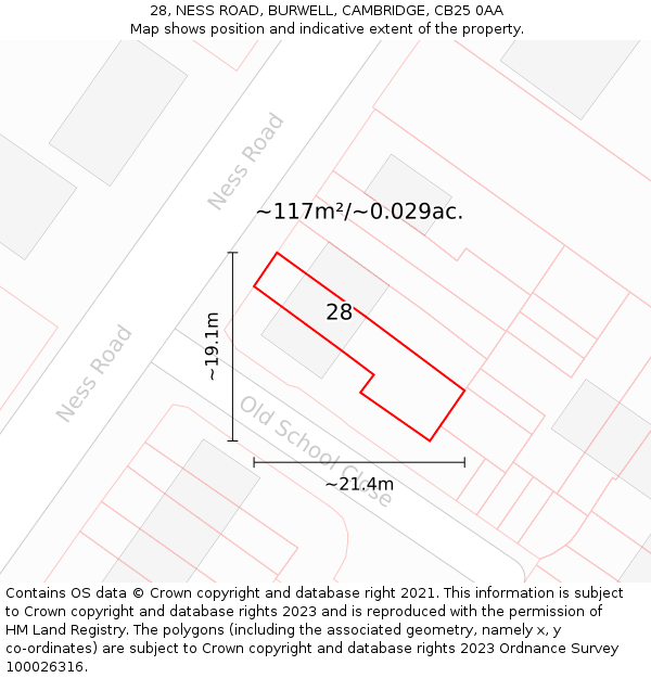 28, NESS ROAD, BURWELL, CAMBRIDGE, CB25 0AA: Plot and title map