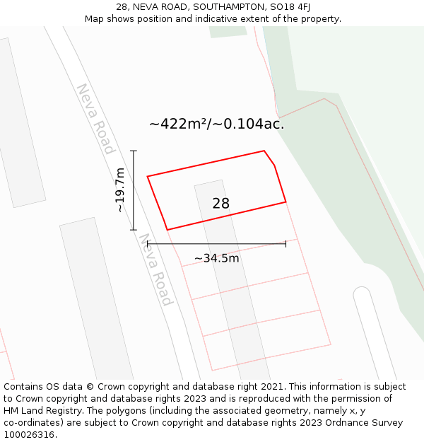 28, NEVA ROAD, SOUTHAMPTON, SO18 4FJ: Plot and title map
