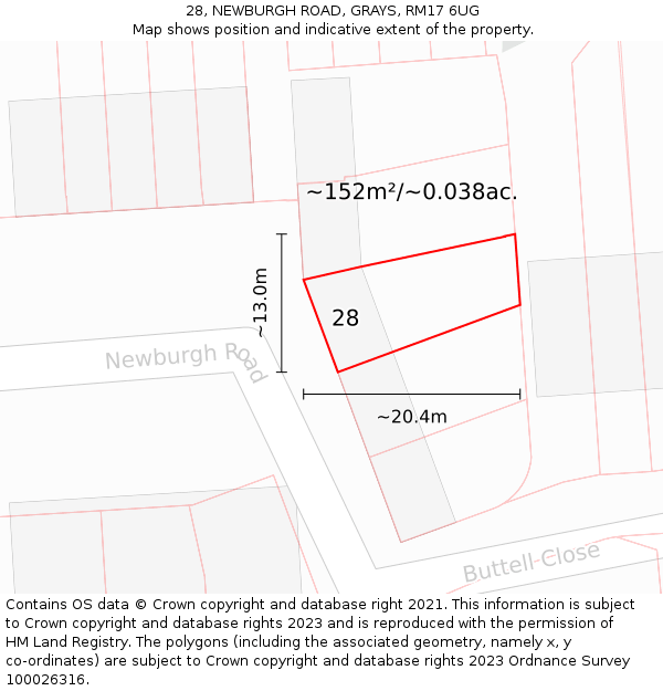 28, NEWBURGH ROAD, GRAYS, RM17 6UG: Plot and title map