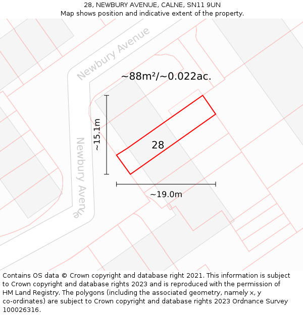 28, NEWBURY AVENUE, CALNE, SN11 9UN: Plot and title map