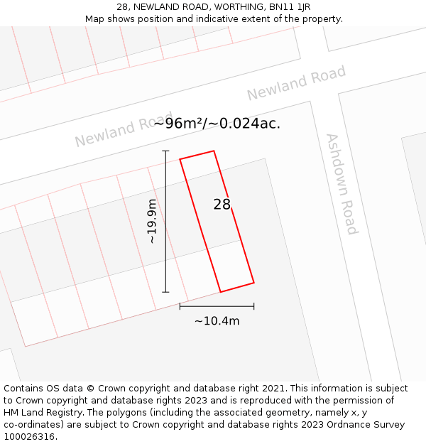 28, NEWLAND ROAD, WORTHING, BN11 1JR: Plot and title map