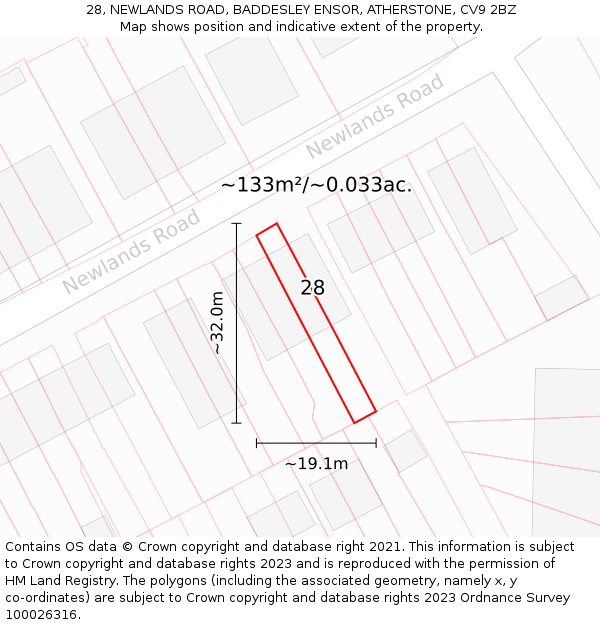 28, NEWLANDS ROAD, BADDESLEY ENSOR, ATHERSTONE, CV9 2BZ: Plot and title map