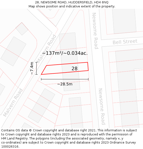 28, NEWSOME ROAD, HUDDERSFIELD, HD4 6NQ: Plot and title map