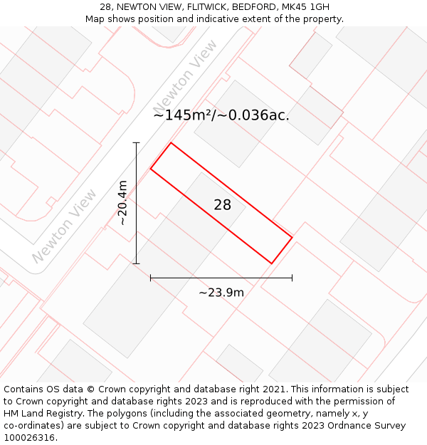 28, NEWTON VIEW, FLITWICK, BEDFORD, MK45 1GH: Plot and title map