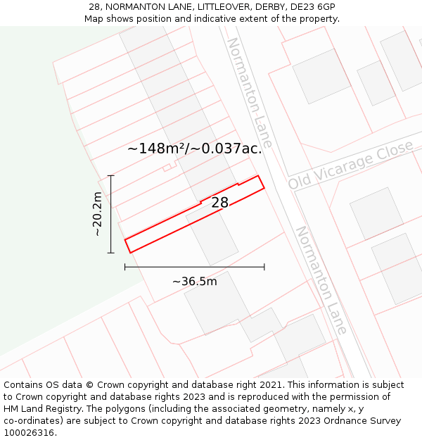 28, NORMANTON LANE, LITTLEOVER, DERBY, DE23 6GP: Plot and title map
