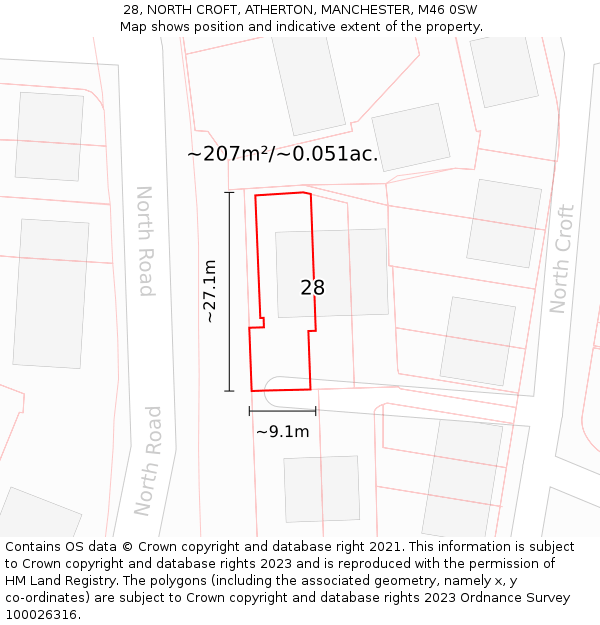 28, NORTH CROFT, ATHERTON, MANCHESTER, M46 0SW: Plot and title map