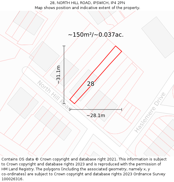 28, NORTH HILL ROAD, IPSWICH, IP4 2PN: Plot and title map
