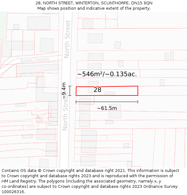 28, NORTH STREET, WINTERTON, SCUNTHORPE, DN15 9QN: Plot and title map