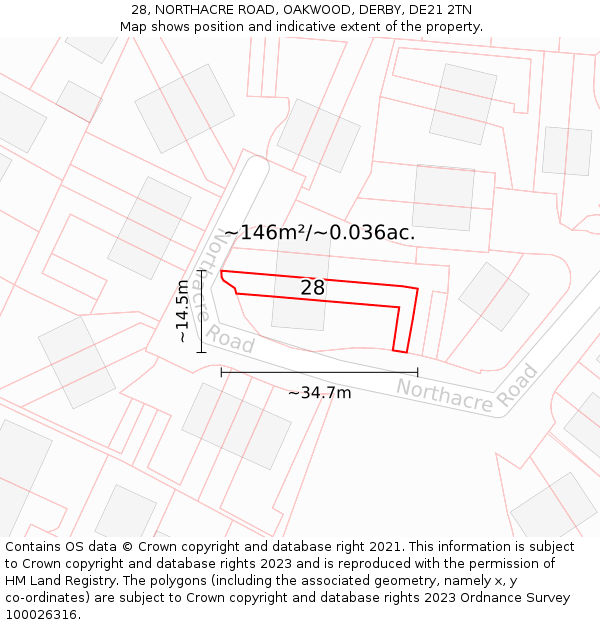 28, NORTHACRE ROAD, OAKWOOD, DERBY, DE21 2TN: Plot and title map