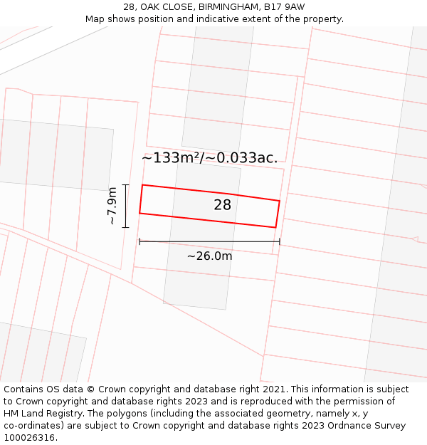 28, OAK CLOSE, BIRMINGHAM, B17 9AW: Plot and title map