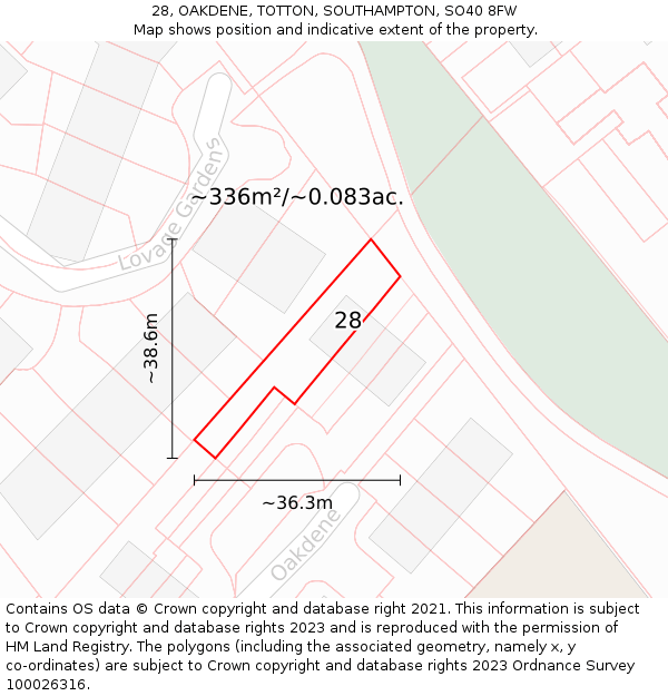 28, OAKDENE, TOTTON, SOUTHAMPTON, SO40 8FW: Plot and title map