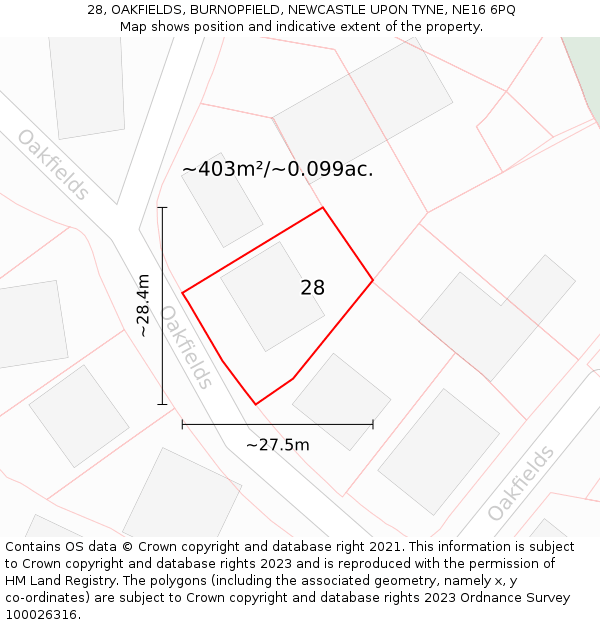 28, OAKFIELDS, BURNOPFIELD, NEWCASTLE UPON TYNE, NE16 6PQ: Plot and title map