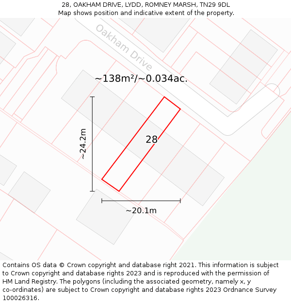 28, OAKHAM DRIVE, LYDD, ROMNEY MARSH, TN29 9DL: Plot and title map