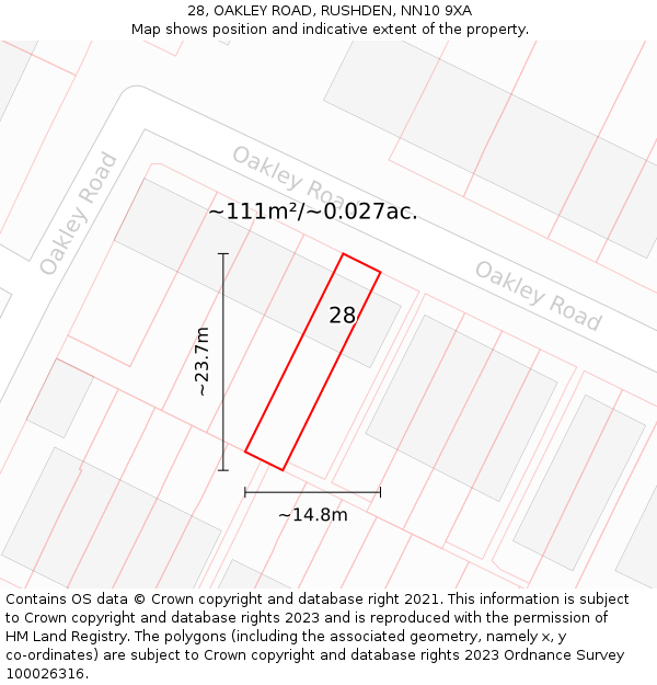 28, OAKLEY ROAD, RUSHDEN, NN10 9XA: Plot and title map