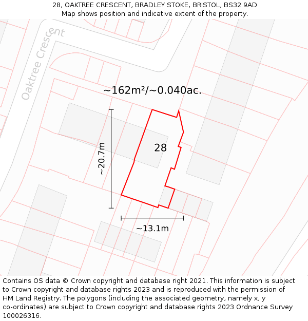 28, OAKTREE CRESCENT, BRADLEY STOKE, BRISTOL, BS32 9AD: Plot and title map