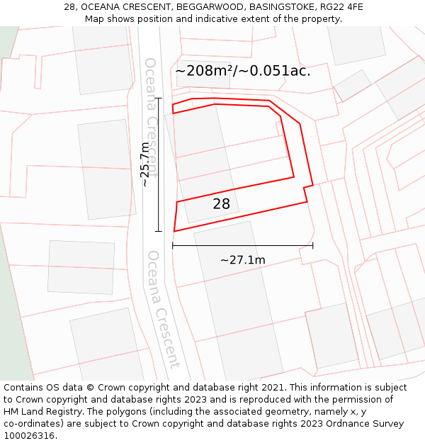 28, OCEANA CRESCENT, BEGGARWOOD, BASINGSTOKE, RG22 4FE: Plot and title map