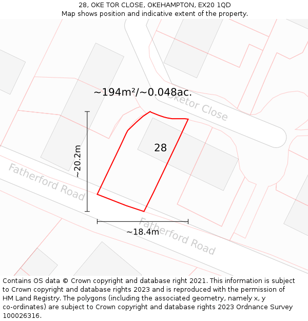 28, OKE TOR CLOSE, OKEHAMPTON, EX20 1QD: Plot and title map