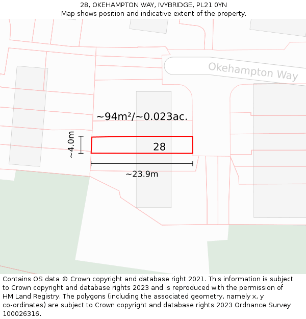 28, OKEHAMPTON WAY, IVYBRIDGE, PL21 0YN: Plot and title map