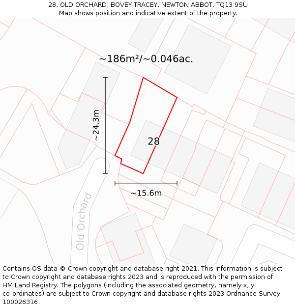 28, OLD ORCHARD, BOVEY TRACEY, NEWTON ABBOT, TQ13 9SU: Plot and title map