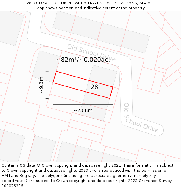 28, OLD SCHOOL DRIVE, WHEATHAMPSTEAD, ST ALBANS, AL4 8FH: Plot and title map