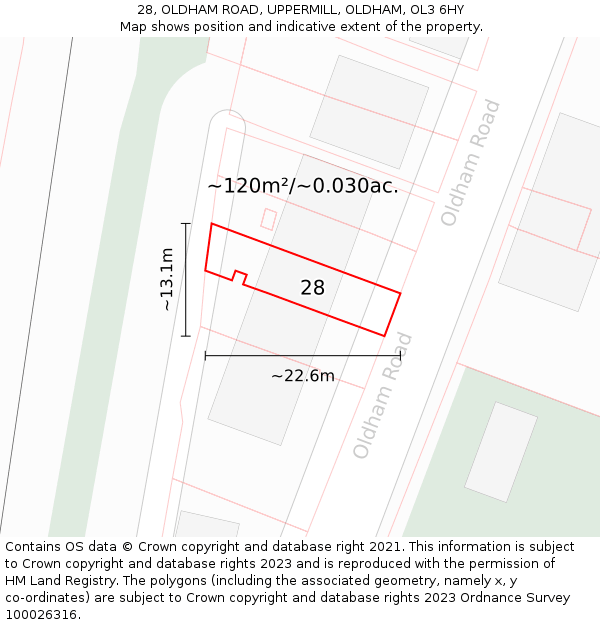 28, OLDHAM ROAD, UPPERMILL, OLDHAM, OL3 6HY: Plot and title map