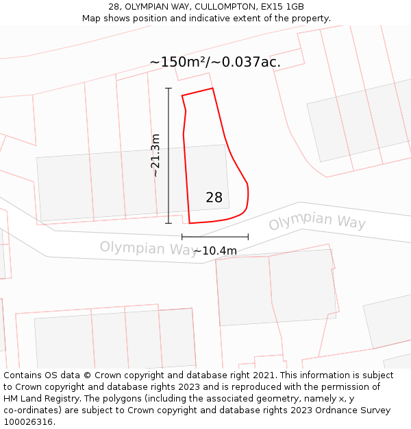 28, OLYMPIAN WAY, CULLOMPTON, EX15 1GB: Plot and title map