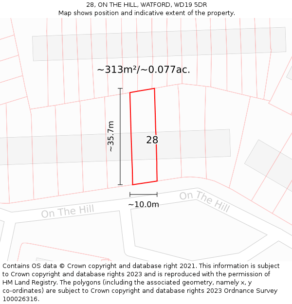 28, ON THE HILL, WATFORD, WD19 5DR: Plot and title map