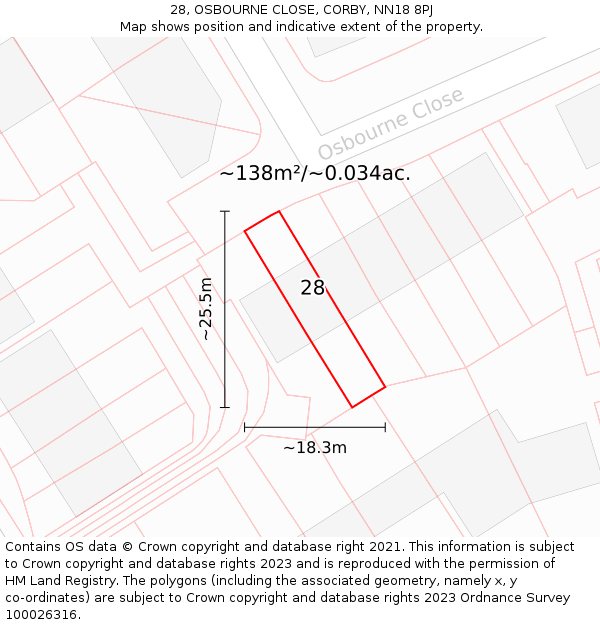 28, OSBOURNE CLOSE, CORBY, NN18 8PJ: Plot and title map
