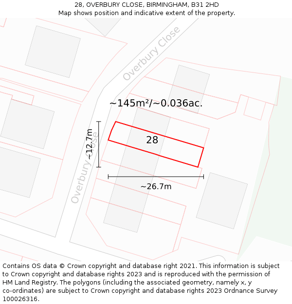 28, OVERBURY CLOSE, BIRMINGHAM, B31 2HD: Plot and title map