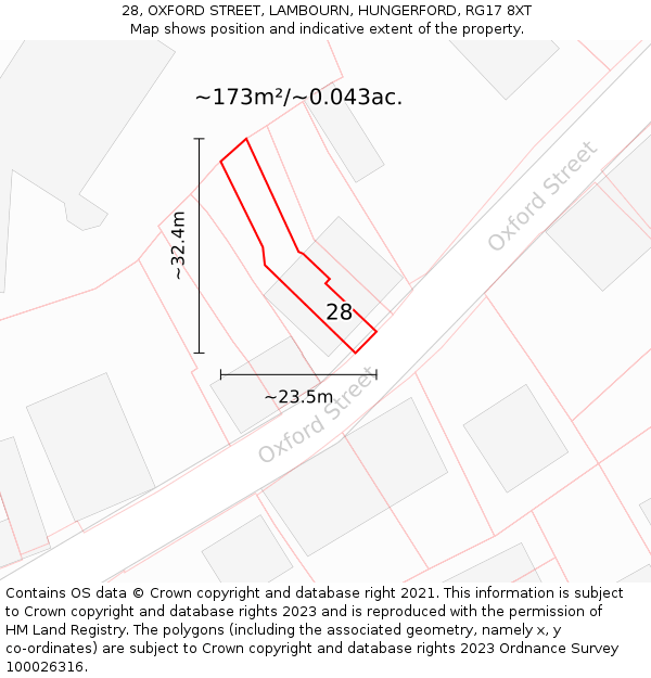 28, OXFORD STREET, LAMBOURN, HUNGERFORD, RG17 8XT: Plot and title map