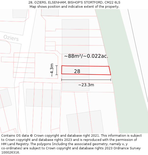 28, OZIERS, ELSENHAM, BISHOP'S STORTFORD, CM22 6LS: Plot and title map