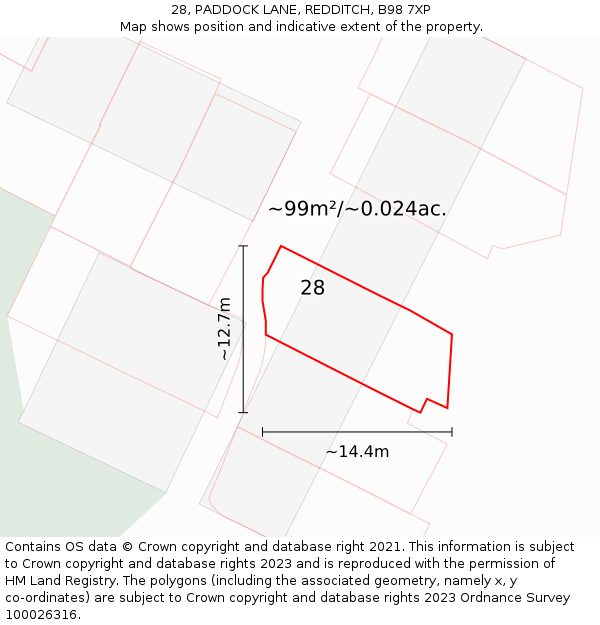 28, PADDOCK LANE, REDDITCH, B98 7XP: Plot and title map