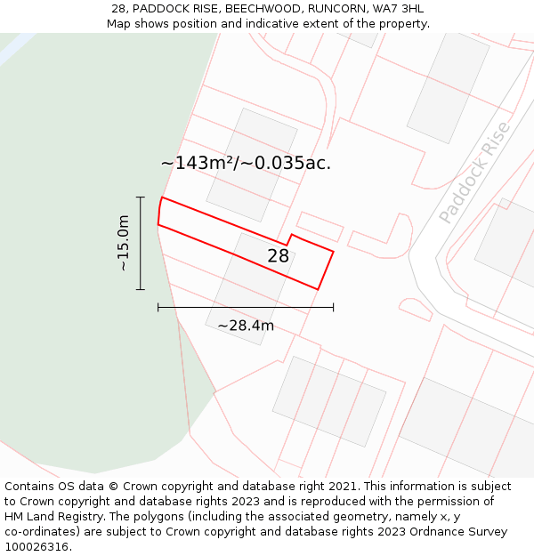 28, PADDOCK RISE, BEECHWOOD, RUNCORN, WA7 3HL: Plot and title map