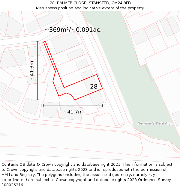28, PALMER CLOSE, STANSTED, CM24 8FB: Plot and title map
