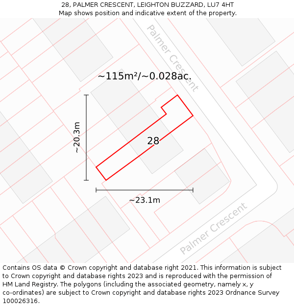 28, PALMER CRESCENT, LEIGHTON BUZZARD, LU7 4HT: Plot and title map