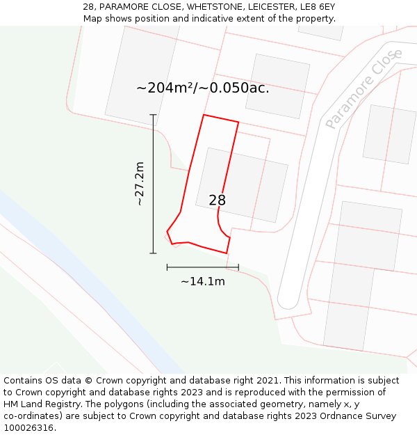 28, PARAMORE CLOSE, WHETSTONE, LEICESTER, LE8 6EY: Plot and title map
