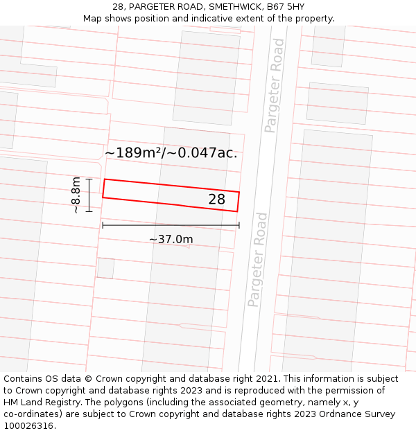28, PARGETER ROAD, SMETHWICK, B67 5HY: Plot and title map