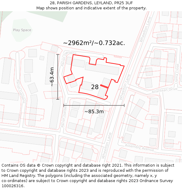 28, PARISH GARDENS, LEYLAND, PR25 3UF: Plot and title map