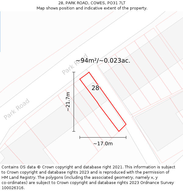 28, PARK ROAD, COWES, PO31 7LT: Plot and title map