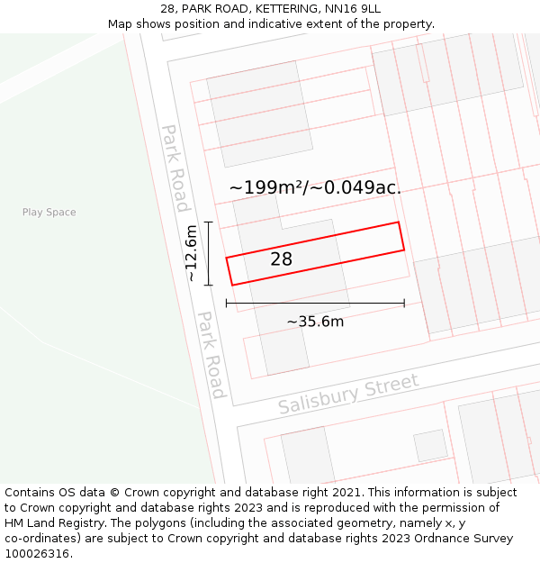 28, PARK ROAD, KETTERING, NN16 9LL: Plot and title map