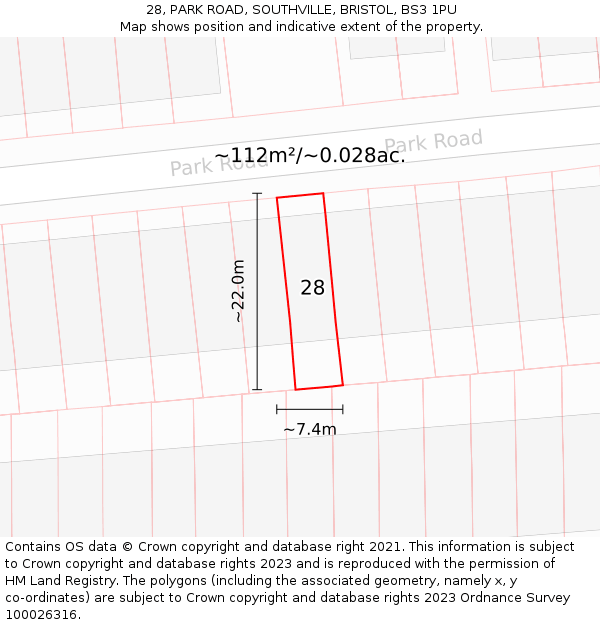 28, PARK ROAD, SOUTHVILLE, BRISTOL, BS3 1PU: Plot and title map