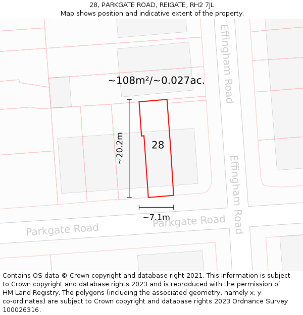 28, PARKGATE ROAD, REIGATE, RH2 7JL: Plot and title map