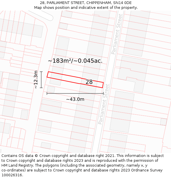 28, PARLIAMENT STREET, CHIPPENHAM, SN14 0DE: Plot and title map