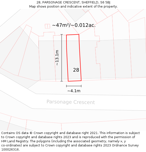 28, PARSONAGE CRESCENT, SHEFFIELD, S6 5BJ: Plot and title map