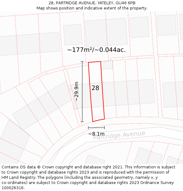 28, PARTRIDGE AVENUE, YATELEY, GU46 6PB: Plot and title map