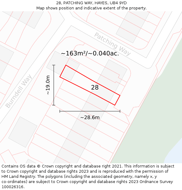 28, PATCHING WAY, HAYES, UB4 9YD: Plot and title map